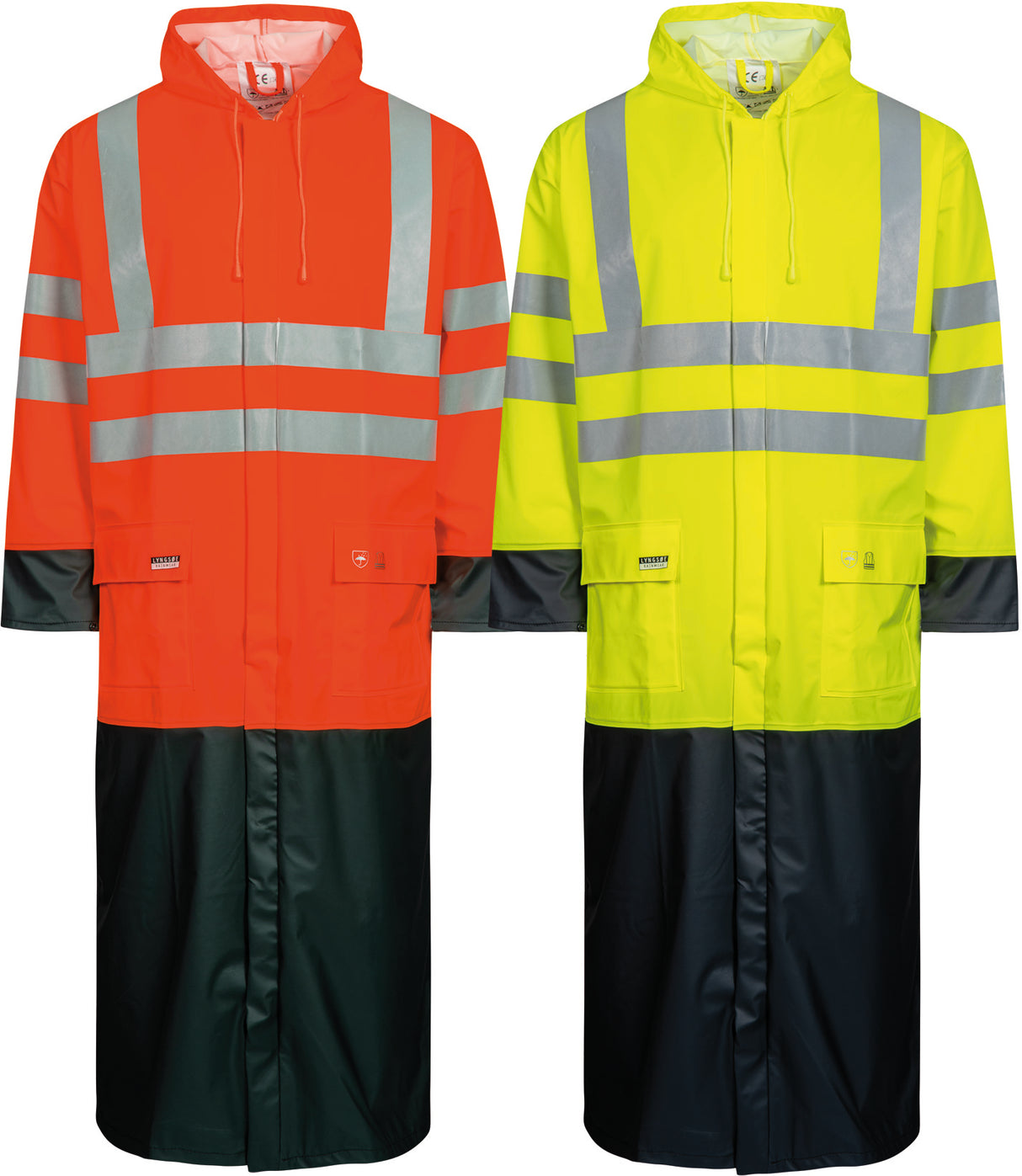 Hi-Vis regnjakke i PU kvalitet, 135 cm lang - Hi-Vis Rød / Sort