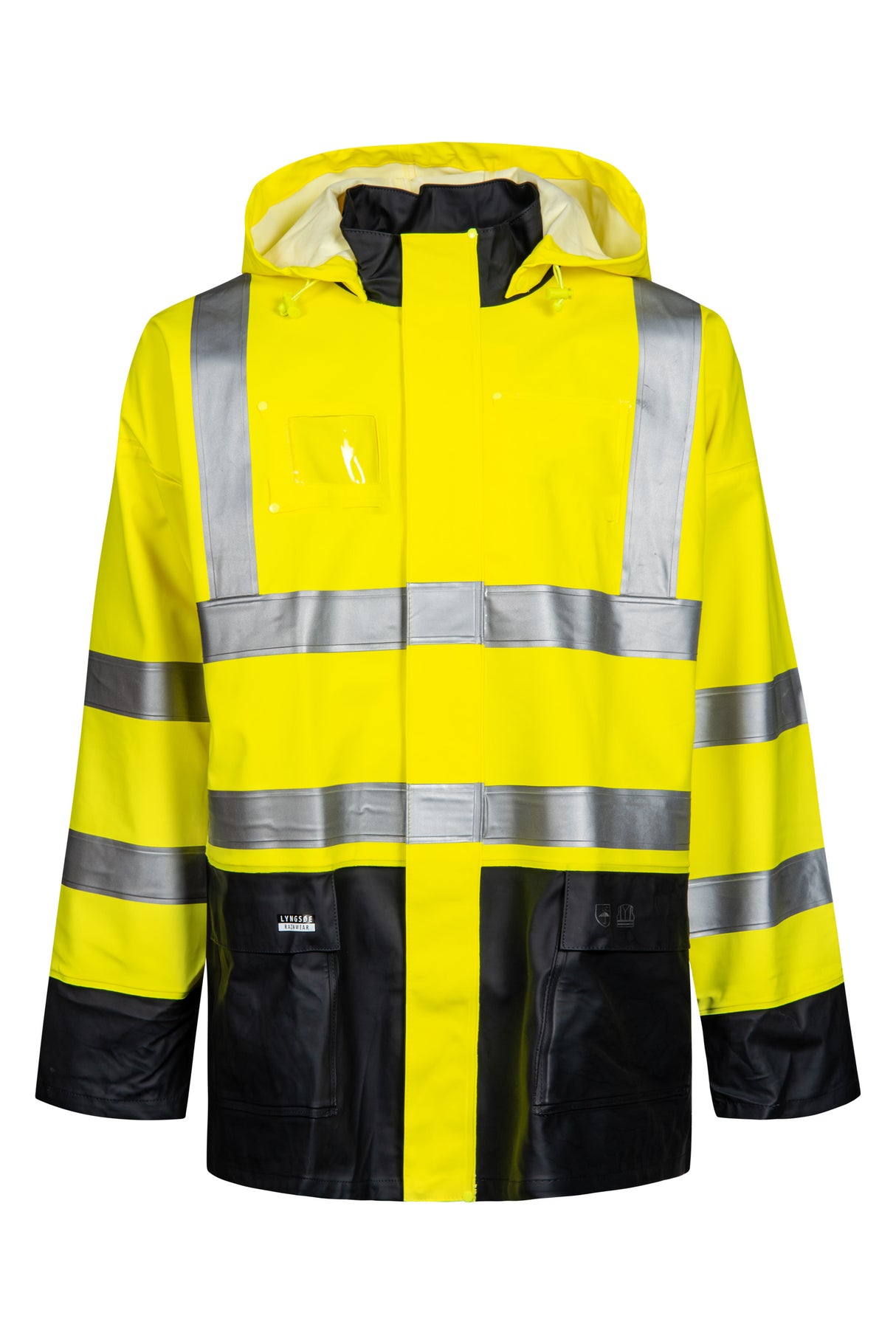 Hi-Vis regnjakke i kraftig PU/PVC kvalitet - Saturn Gul / Navy