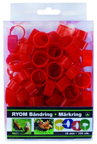 Båndringe/Hønseringe -  plast rød 16mm 100 stk