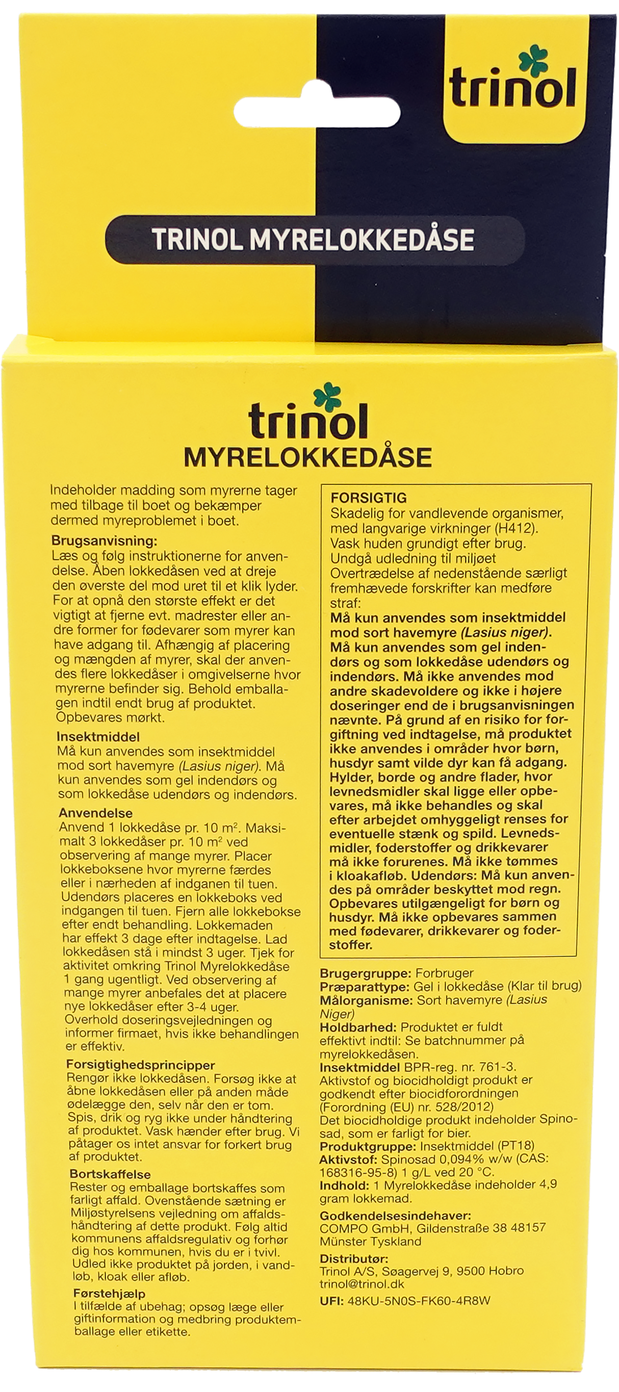 Trinol myrelokkedåse – bagside med brugsanvisning