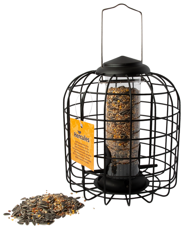 Hercules fuglefoderautomat til frø i sort metal med beskyttelsesgitter