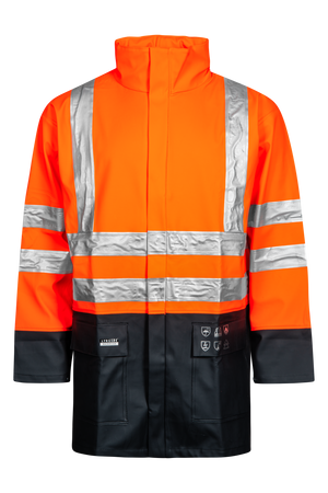 Multinorm Hi-Vis jakke i ekstra kraftig PVC kvalitet - Hi-Vis Orange / Navy