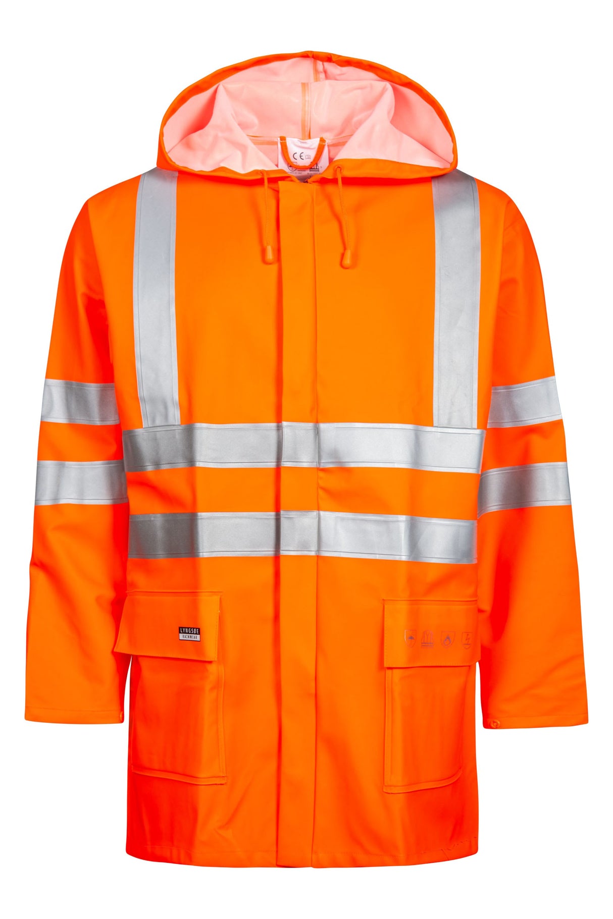 Brandhæmmende Hi-Vis regnjakke i kraftig PU/PVC kvalitet - Hi-Vis Orange