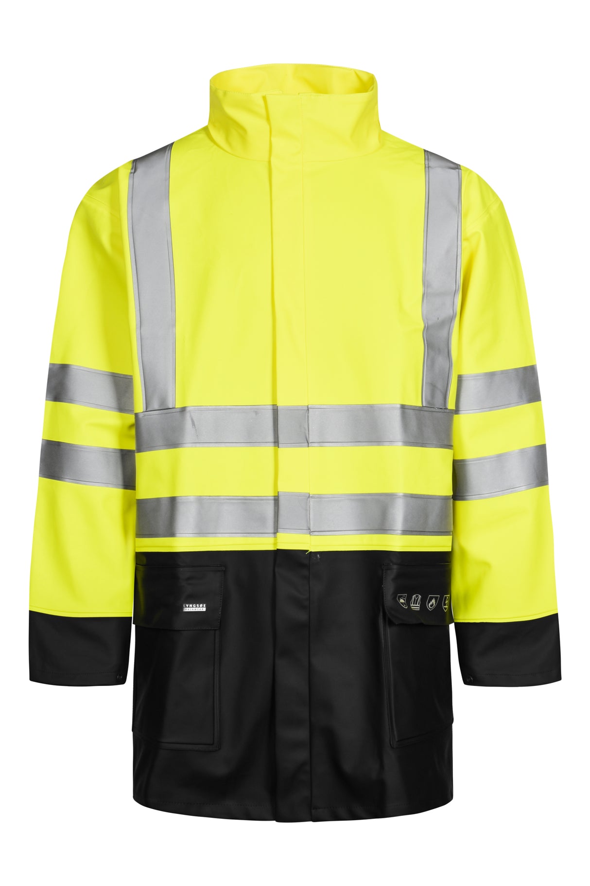 Brandhæmmende Hi-Vis regnjakke i kraftig PU/PVC kvalitet - Saturn Gul / Navy