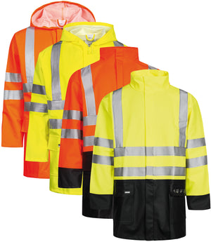 Brandhæmmende Hi-Vis regnjakke i kraftig PU/PVC kvalitet - Hi-Vis Orange