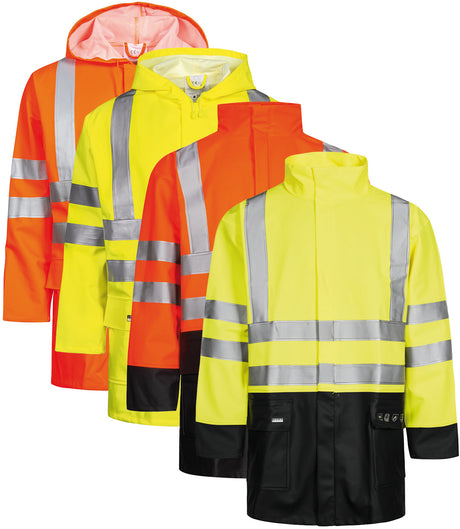 Brandhæmmende Hi-Vis regnjakke i kraftig PU/PVC kvalitet - Hi-Vis Orange