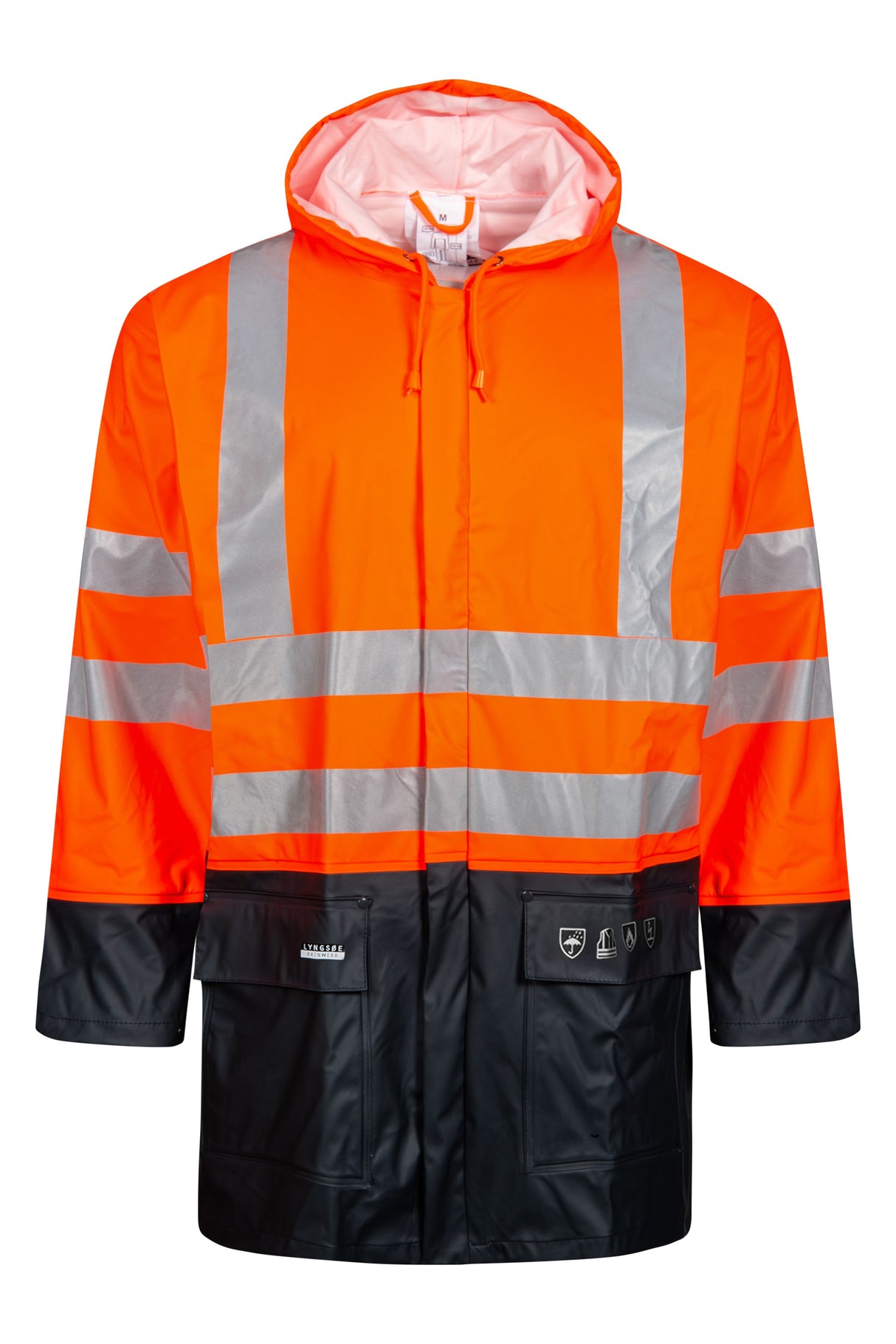 Brandhæmmende Hi-Vis regnjakke i PU kvalitet - Hi-Vis Orange / Navy
