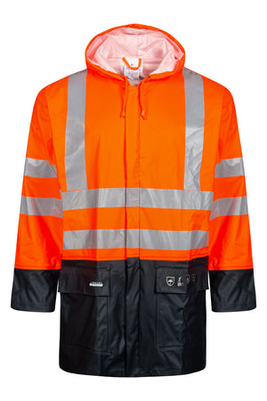 Brandhæmmende Hi-Vis regnjakke i PU kvalitet - Hi-Vis Orange / Navy