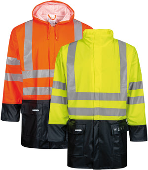 Brandhæmmende Hi-Vis regnjakke i PU kvalitet - Hi-Vis Orange / Navy