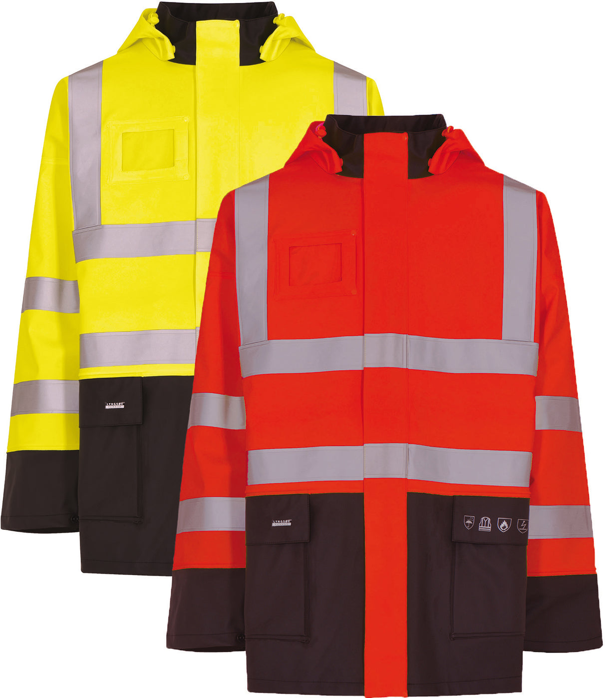 Brandhæmmende Hi-Vis regnjakke i kraftig PU kvalitet til kvinder - Hi-Vis Rød / Navy