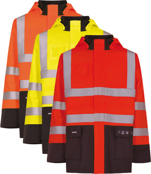 Brandhæmmende Hi-Vis regnjakke i kraftig PU kvalitet - Hi-Vis Orange / Navy