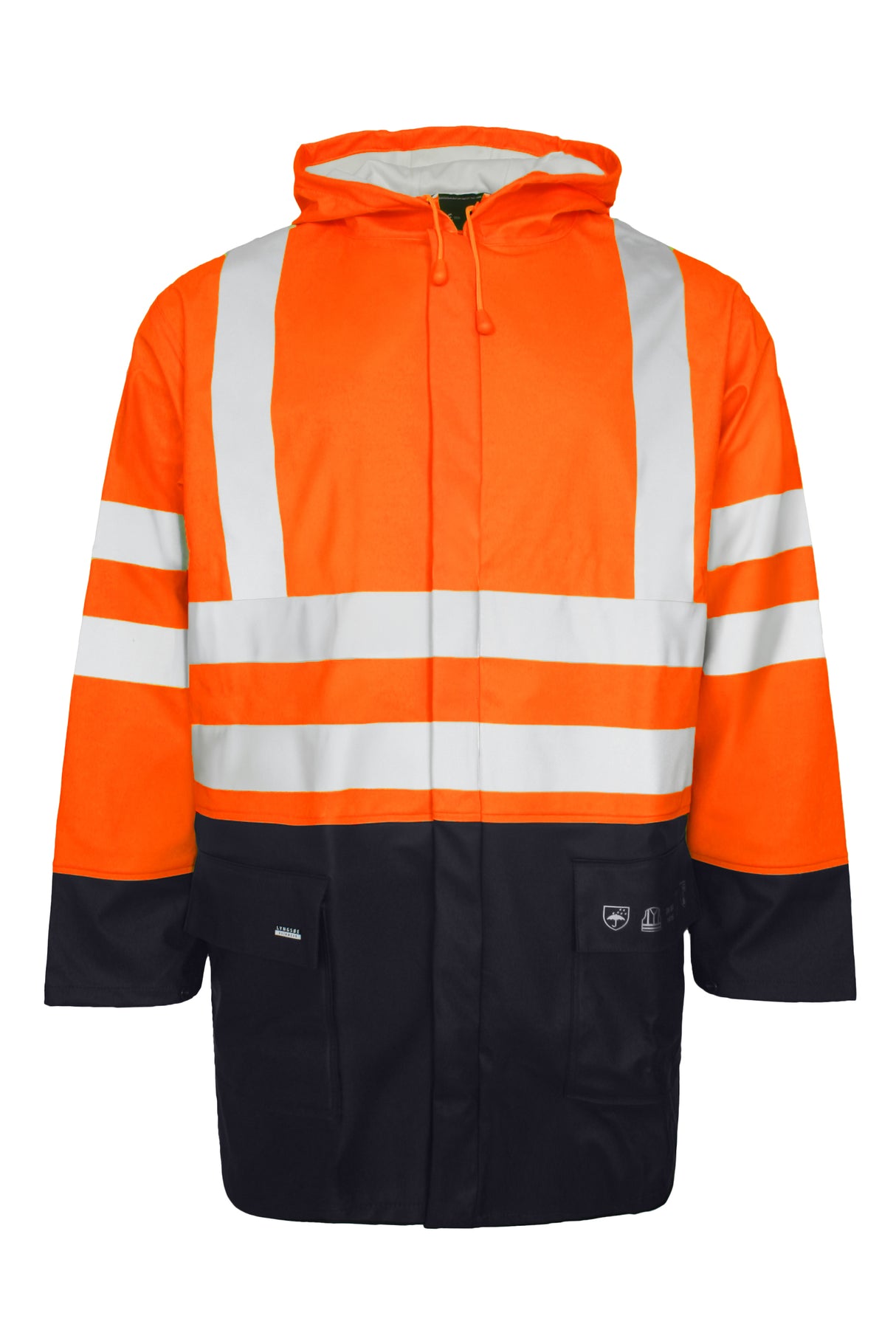 Brandhæmmende Hi-Vis regnjakke i kraftig PU kvalitet - Hi-Vis Orange / Navy