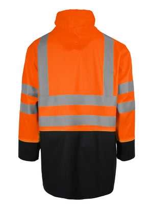 Brandhæmmende Hi-Vis regnjakke i kraftig PU kvalitet - Hi-Vis Orange / Navy
