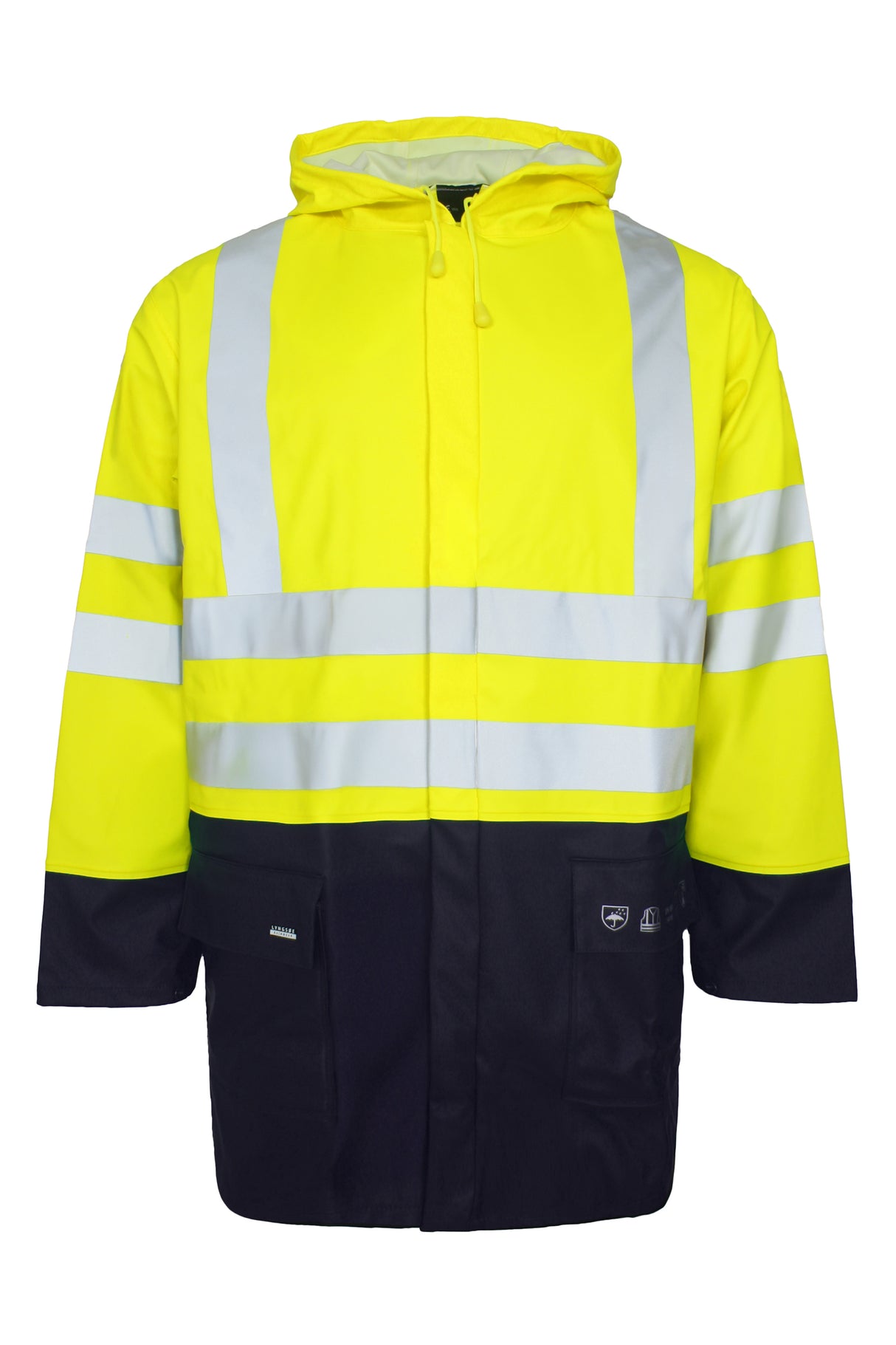 Brandhæmmende Hi-Vis regnjakke i kraftig PU kvalitet - Saturn Gul / Navy