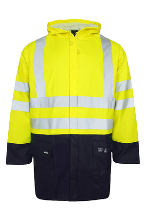 Brandhæmmende Hi-Vis regnjakke i kraftig PU kvalitet - Saturn Gul / Navy