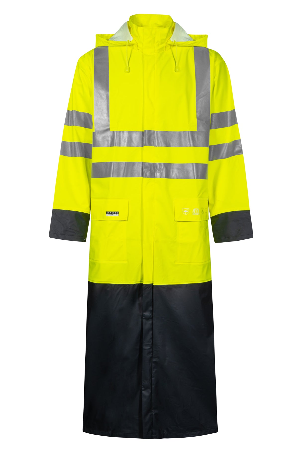 Brandhæmmende Hi-Vis regnjakke i PU kvalitet, 135 cm lang - Saturn Gul / Navy