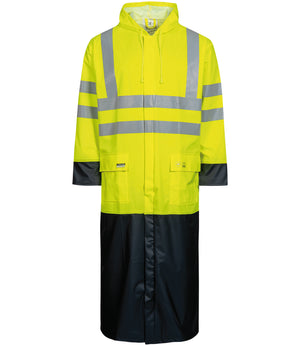 Brandhæmmende Hi-Vis regnjakke i PU kvalitet, 135 cm lang - Saturn Gul / Navy
