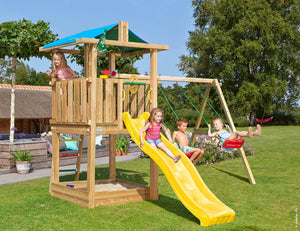Legetårn Jungle Gym Hut 2.1 m/2-Swing Module 220 og gul rutschebane