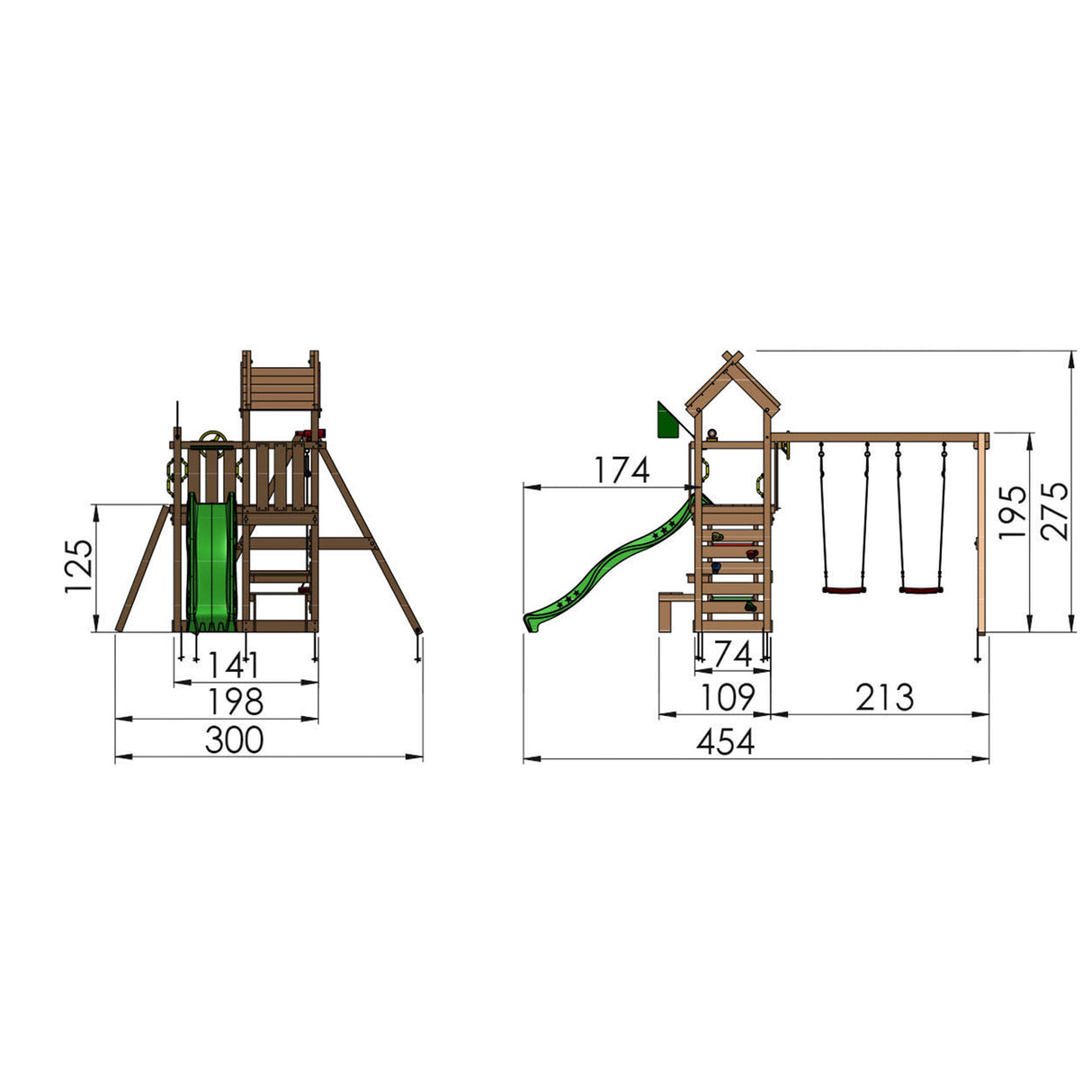 Legetårn Jungle Gym Teepee m/2-Swing Module 200 og grøn rutschebane