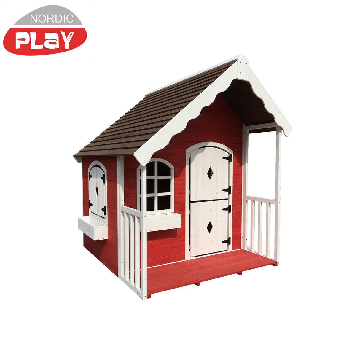 Legehus med veranda rød/hvid malet 130 x 140 x 150 cm