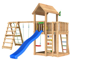 Legetårn Jungle Gym Mansion 2.1 m/2-Climb Module 220 og blå rutsjebane