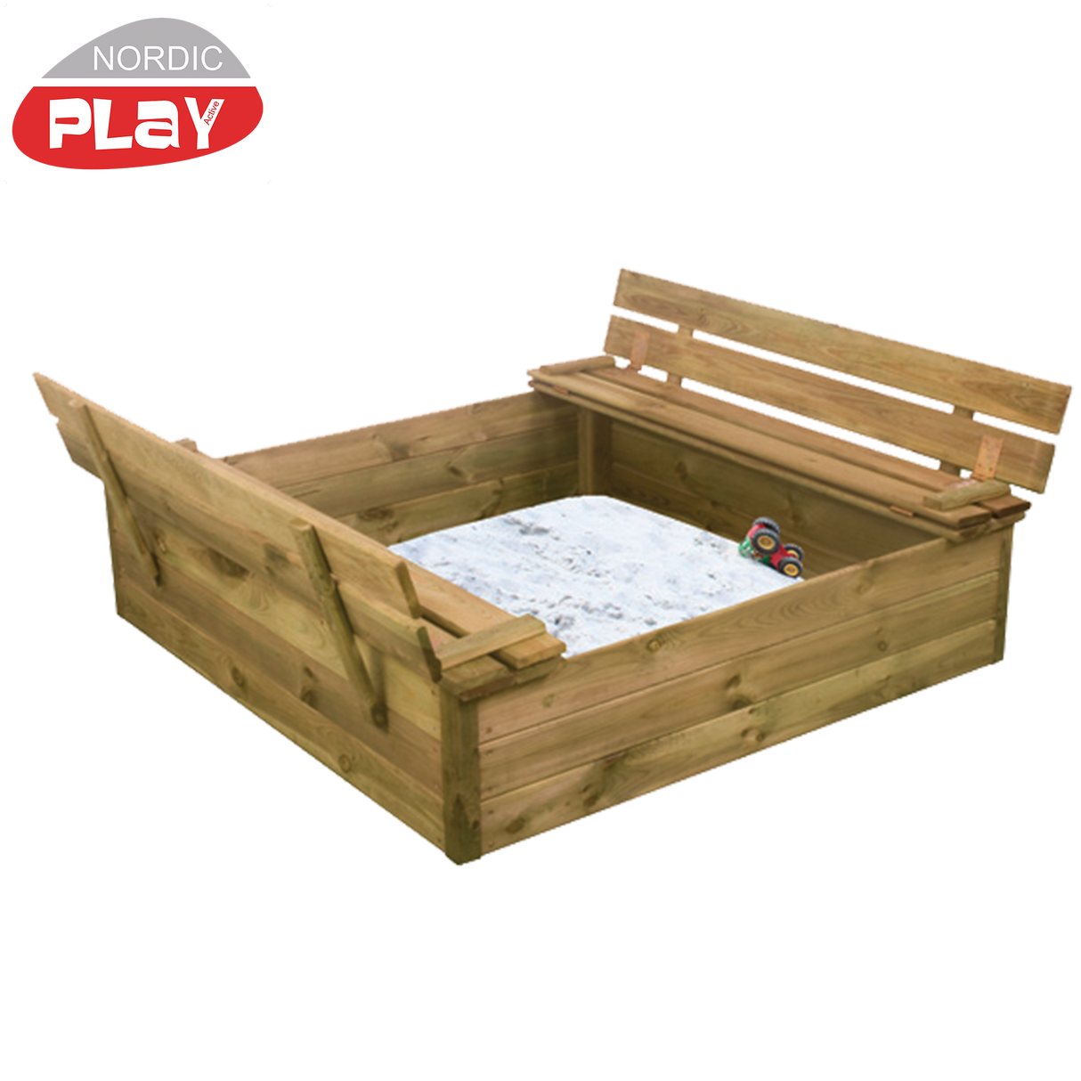 Sandkasse 120 x 120 cm med vippelåg og bænk og 240 kg sand