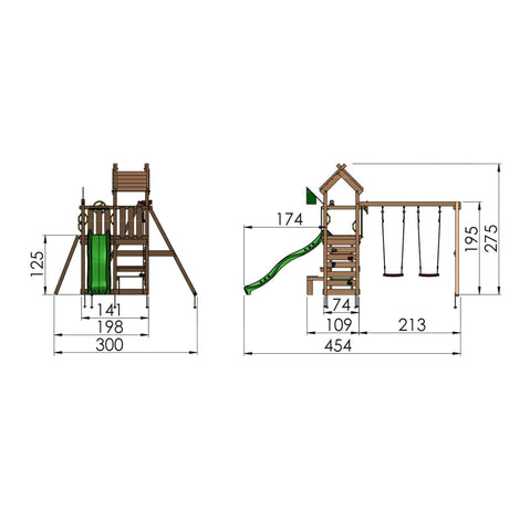 Legetårn Jungle Gym Teepee m/2-Swing Module 200 og gul rutschebane