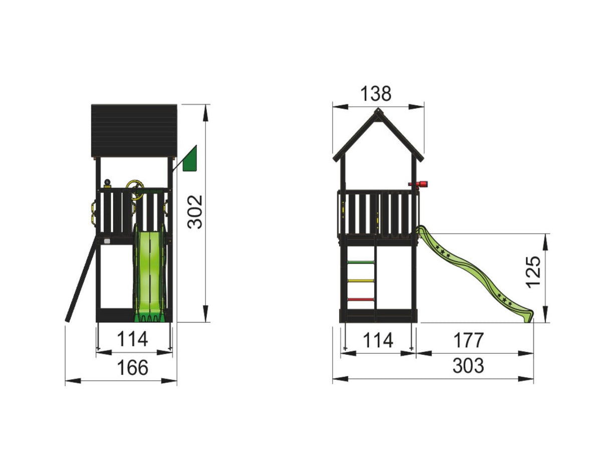 Legetårn Jungle Gym Club, grundmalet sort, m/grøn rutschebane