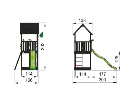 Legetårn Jungle Gym Club, grundmalet sort, m/grøn rutschebane
