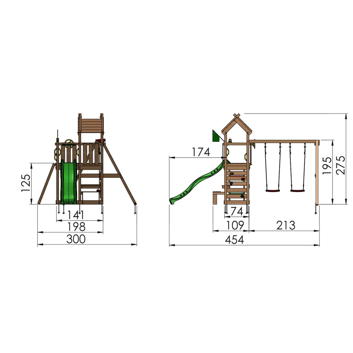 Legetårn Jungle Gym Teepee m/2-Swing Module 200 og grøn rutschebane