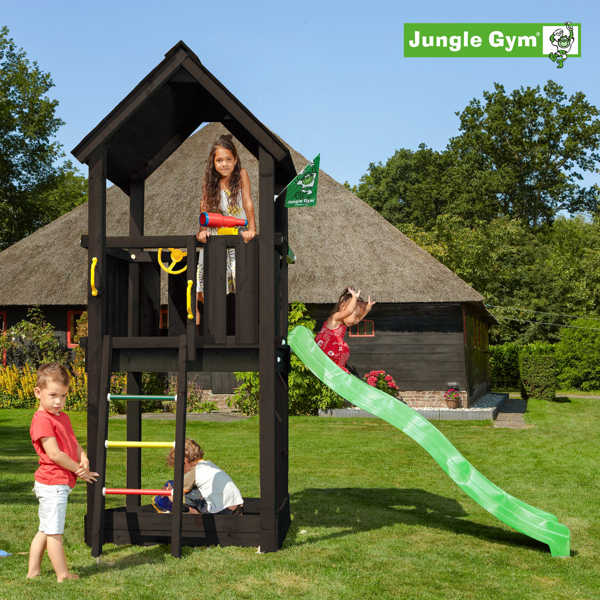 Legetårn Jungle Gym Club, grundmalet sort, m/grøn rutschebane