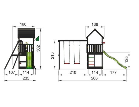 Legetårn Jungle Gym Club, grundmalet sort, m/2-Swing Module 220 og grøn rutschebane