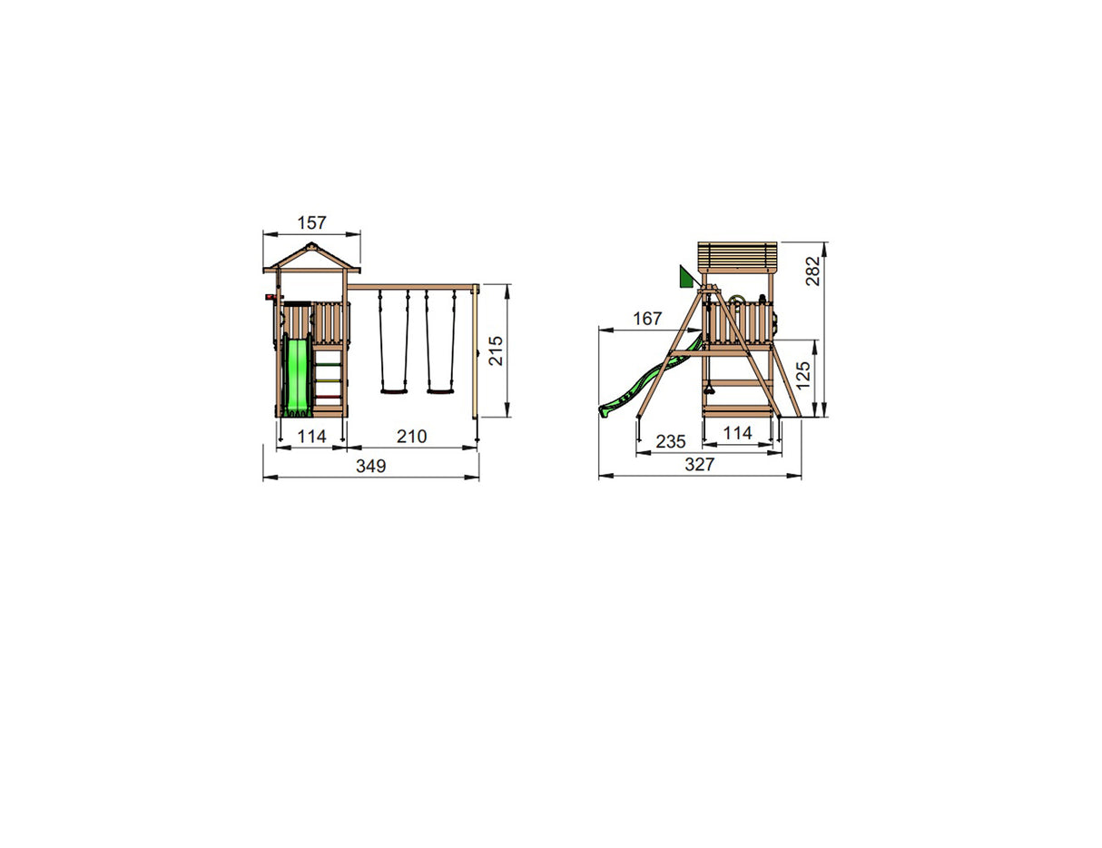 Legetårn Jungle Gym House 2.1 m/2-Swing Module 220 og grøn rutschebane