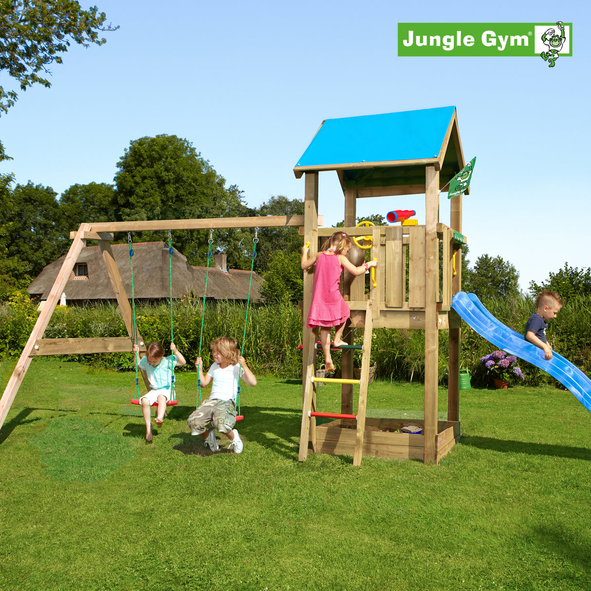 Legetårn Jungle Gym Castle 2.1 m/2-Swing Module 220 og blå rutschebane