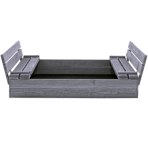 Sandkasse 120 x 120 cm med vippelåg og bænk, grå, grundmalet