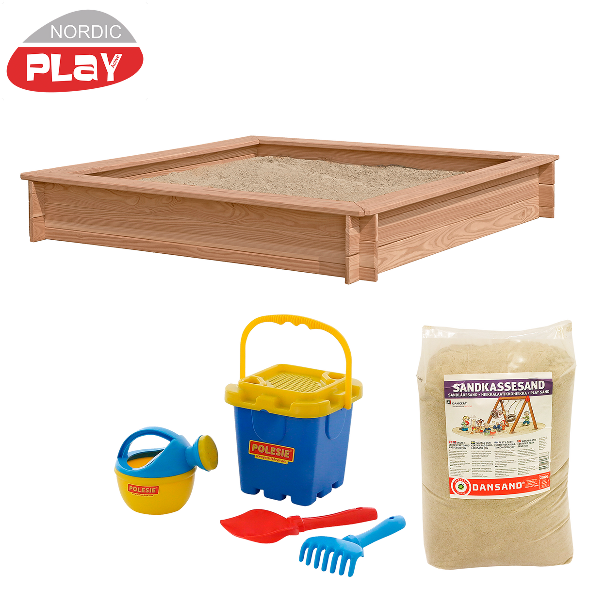 Sandkasse lærk 150 x 150 cm med 240 kg sand og blåt strandsæt