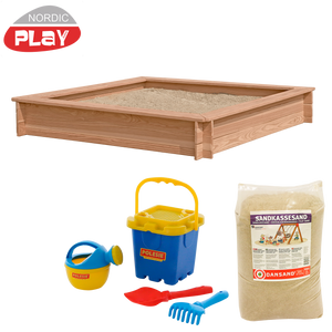 Sandkasse lærk 150 x 150 cm med 240 kg sand og blåt strandsæt