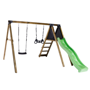 Gyngestativ med climb modul, sort gyngesæde og sort trapezgynge inkl. grøn rutsjebane