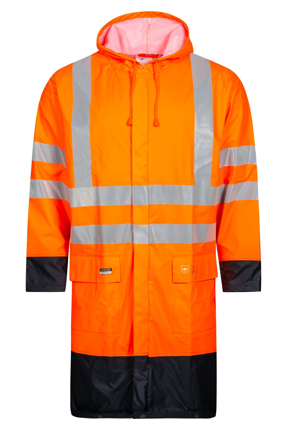 Hi-Vis regnjakke i PU kvalitet, 100 cm lang - Hi-Vis Orange / Navy
