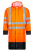 Hi-Vis regnjakke i PU kvalitet, 100 cm lang - Hi-Vis Orange / Navy