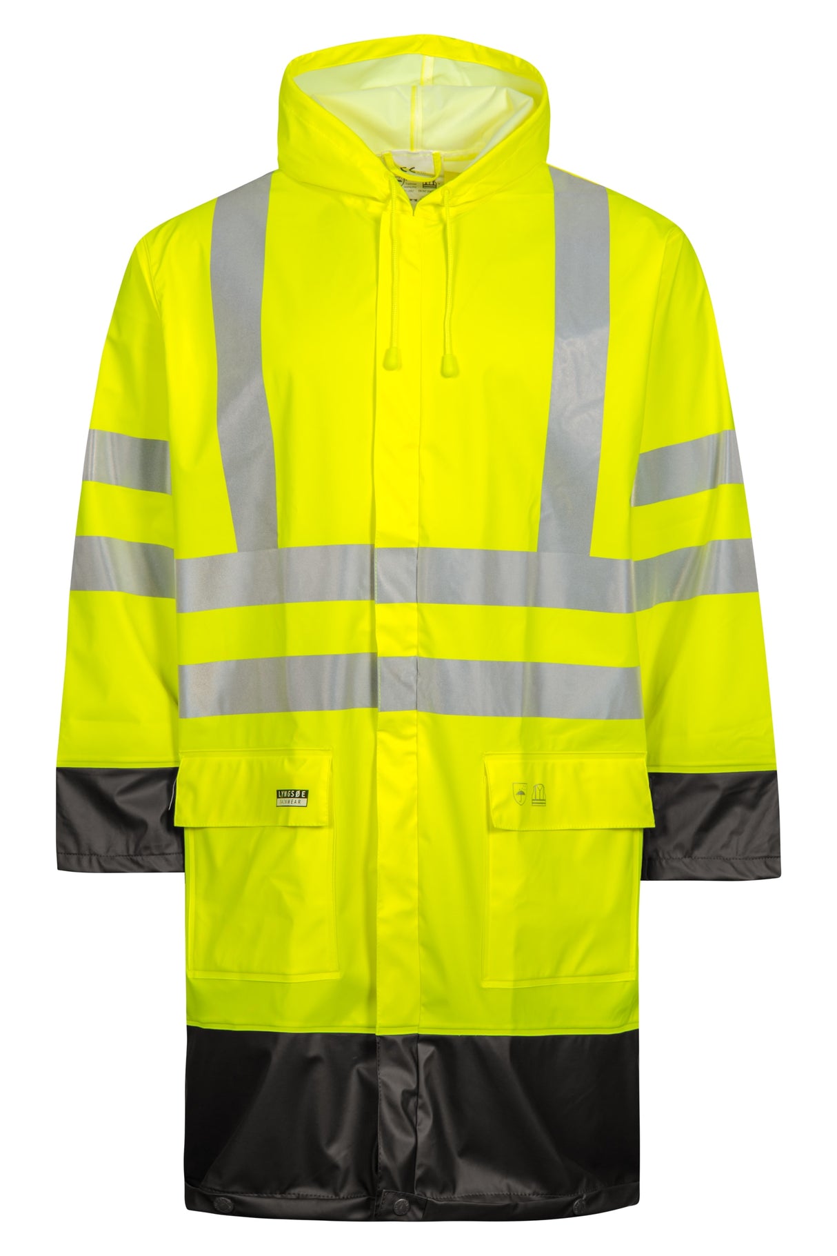 Hi-Vis regnjakke i PU kvalitet, 100 cm lang - Saturn Gul / Navy