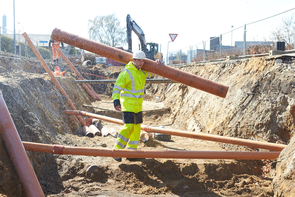 Hi-Vis regnjakke i PU kvalitet, 100 cm lang - Saturn Gul / Navy