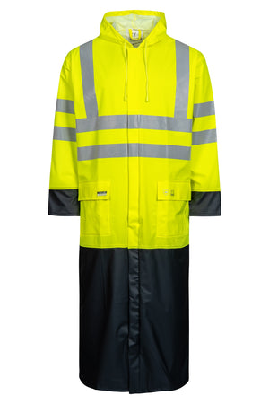 Hi-Vis regnjakke i PU kvalitet, 135 cm lang - Saturn Gul / Navy