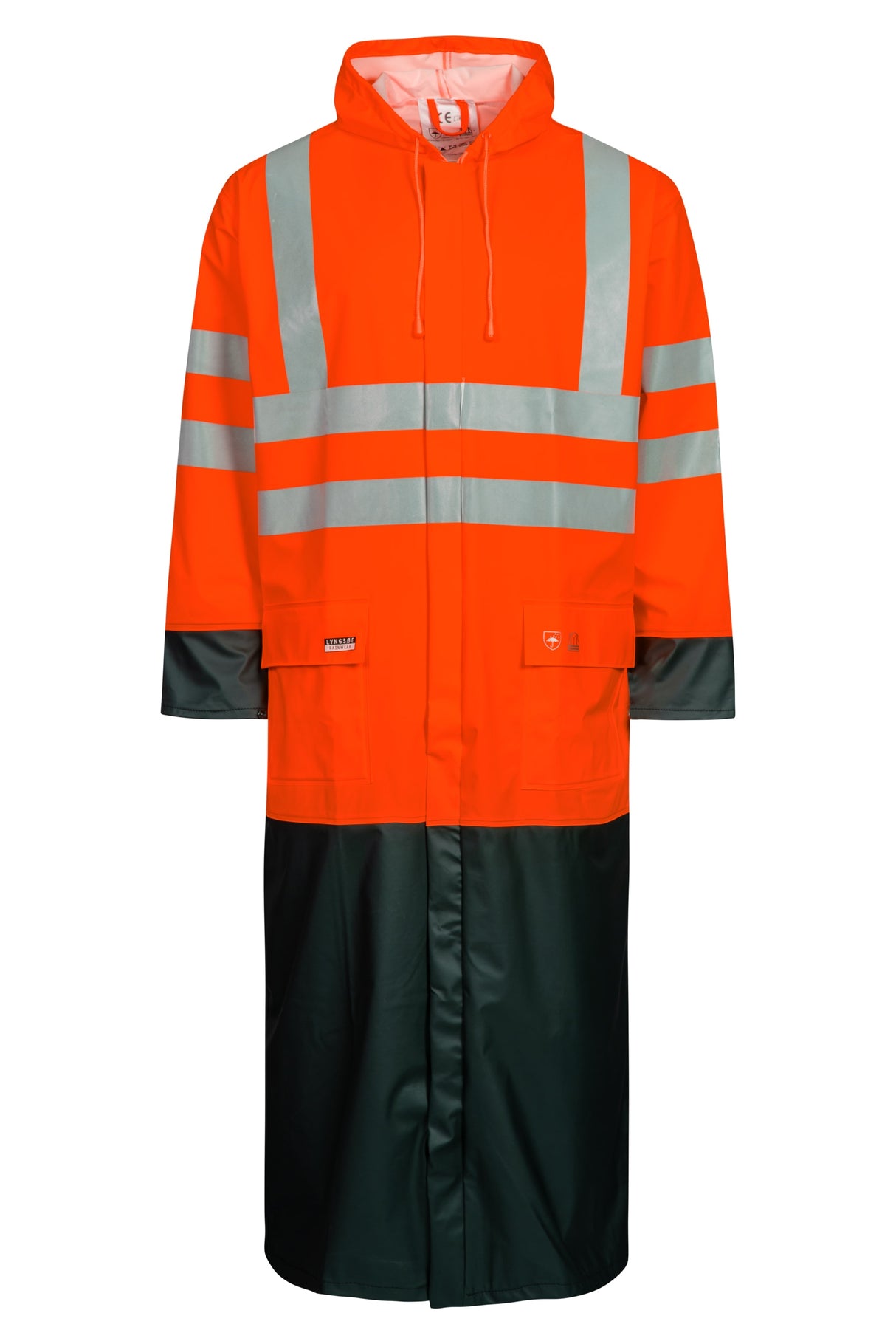 Hi-Vis regnjakke i PU kvalitet, 135 cm lang - Hi-Vis Rød / Sort