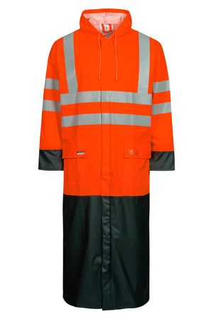 Hi-Vis regnjakke i PU kvalitet, 135 cm lang - Hi-Vis Rød / Sort