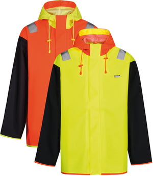 Fiskejakke i ekstra kraftig PVC kvalitet - Hi-Vis Orange / Navy
