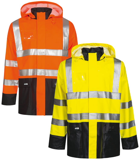 Hi-Vis regnjakke i kraftig PU/PVC kvalitet - Hi-Vis Orange / Navy