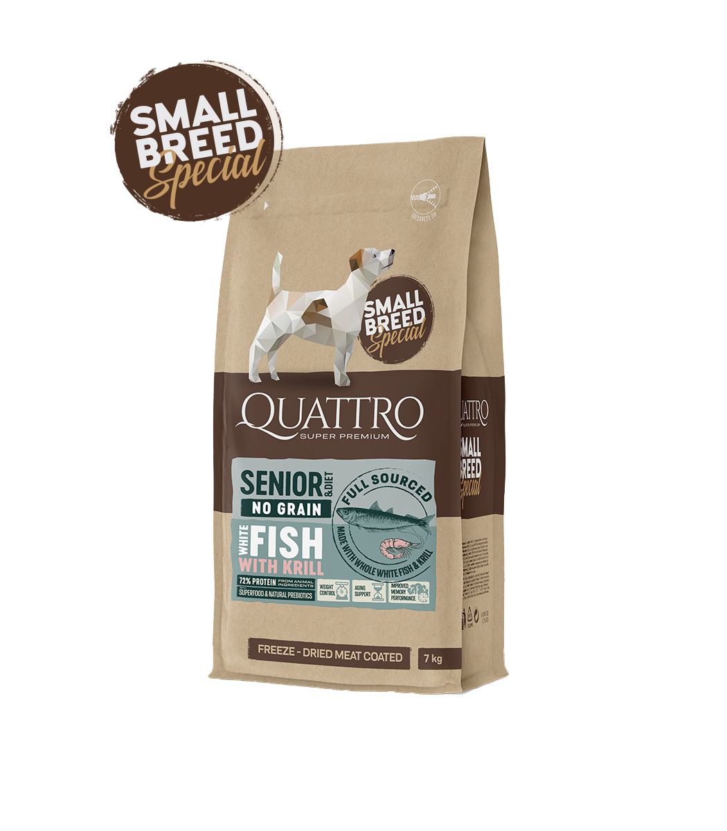 Super premium hundefoder -   kornfri små racer Senior/diet, hvidfisk & Krill